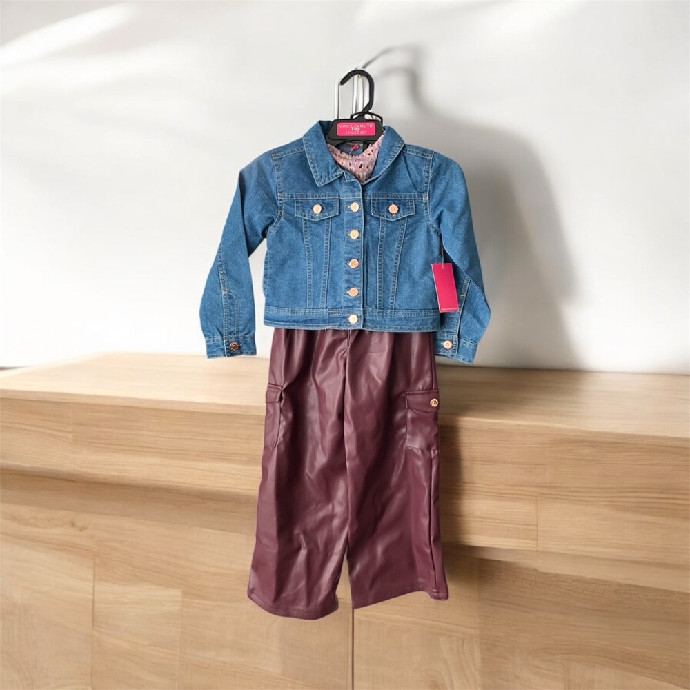 NEW Vince Camuto Kids 3 Piece Set Jean Jacket Faux Leather Pants Shirt Size 5